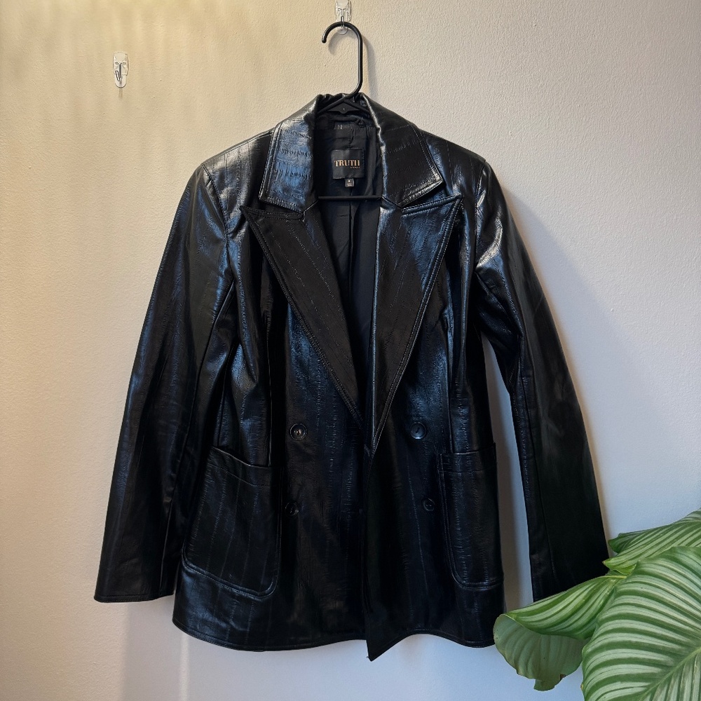 Truth Black Faux Leather Double-Breasted Blazer